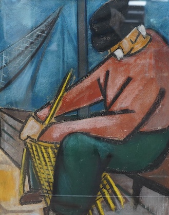 Foiso Fois (Sardinian, 1916-1984), pastel, Study of a fisherman weaving a lobster pot, signed and dated 1951, 72 x 58cm. Condition - good